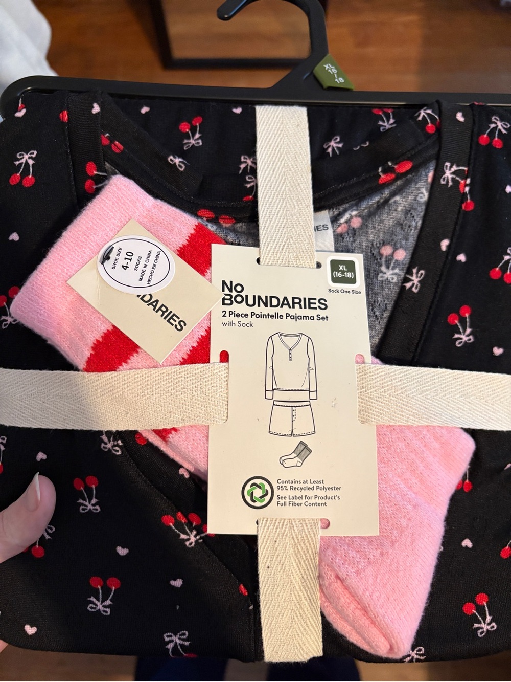 No Boundaries Black Cherry Print 2-Piece Pajama Set with Pink Socks